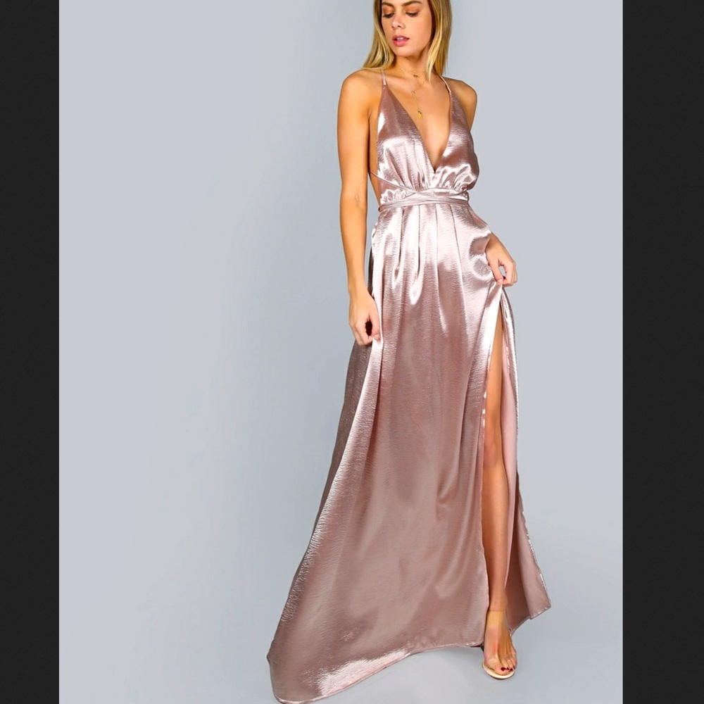 Cross Back High Split Satin Maxi Slip Dress